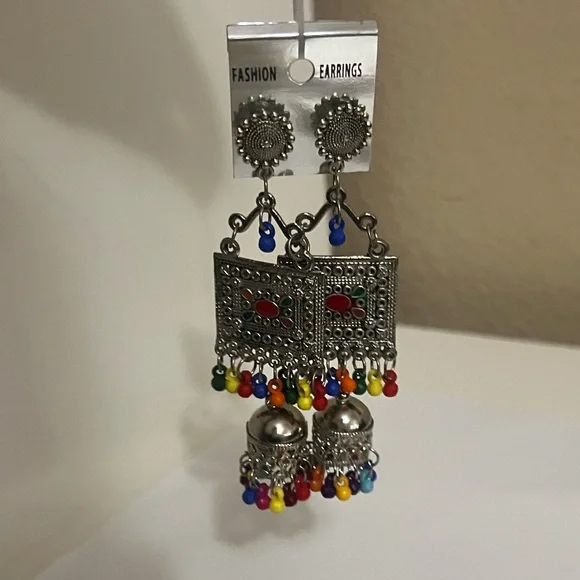 NWT | Boho Tribal Statement Earrings Silver Tone Multicolor Beaded - Picture 3 of 3